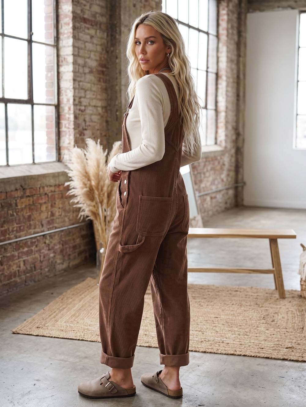 NWT Boho Carpenter Relaxed Classic Fit Corduroy Washed Brown Overalls - Picture 5 of 13